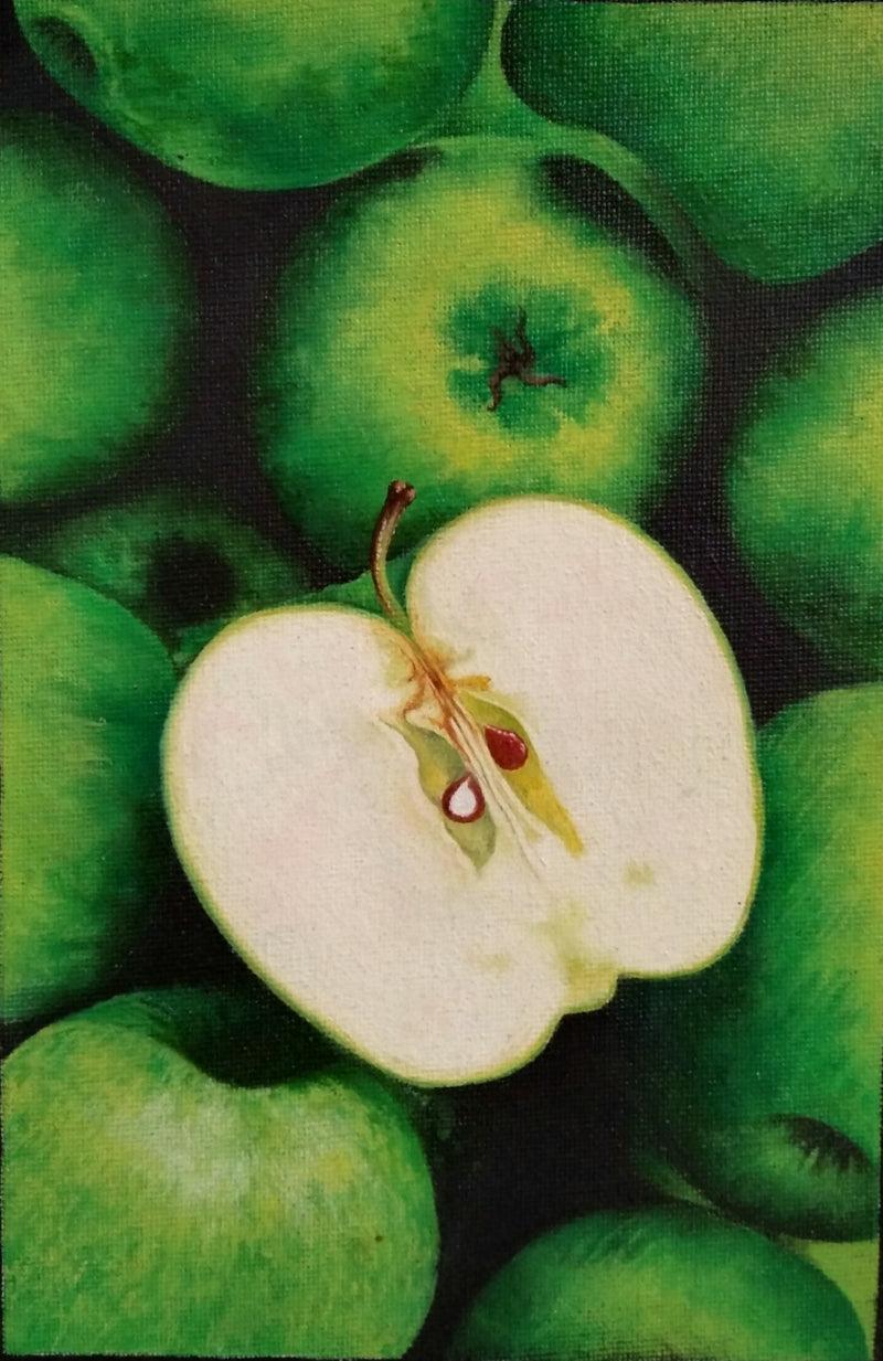 Food oil painting titled 'Green Apple', 10x12 inches, by artist Anjana Sihag on canvas board