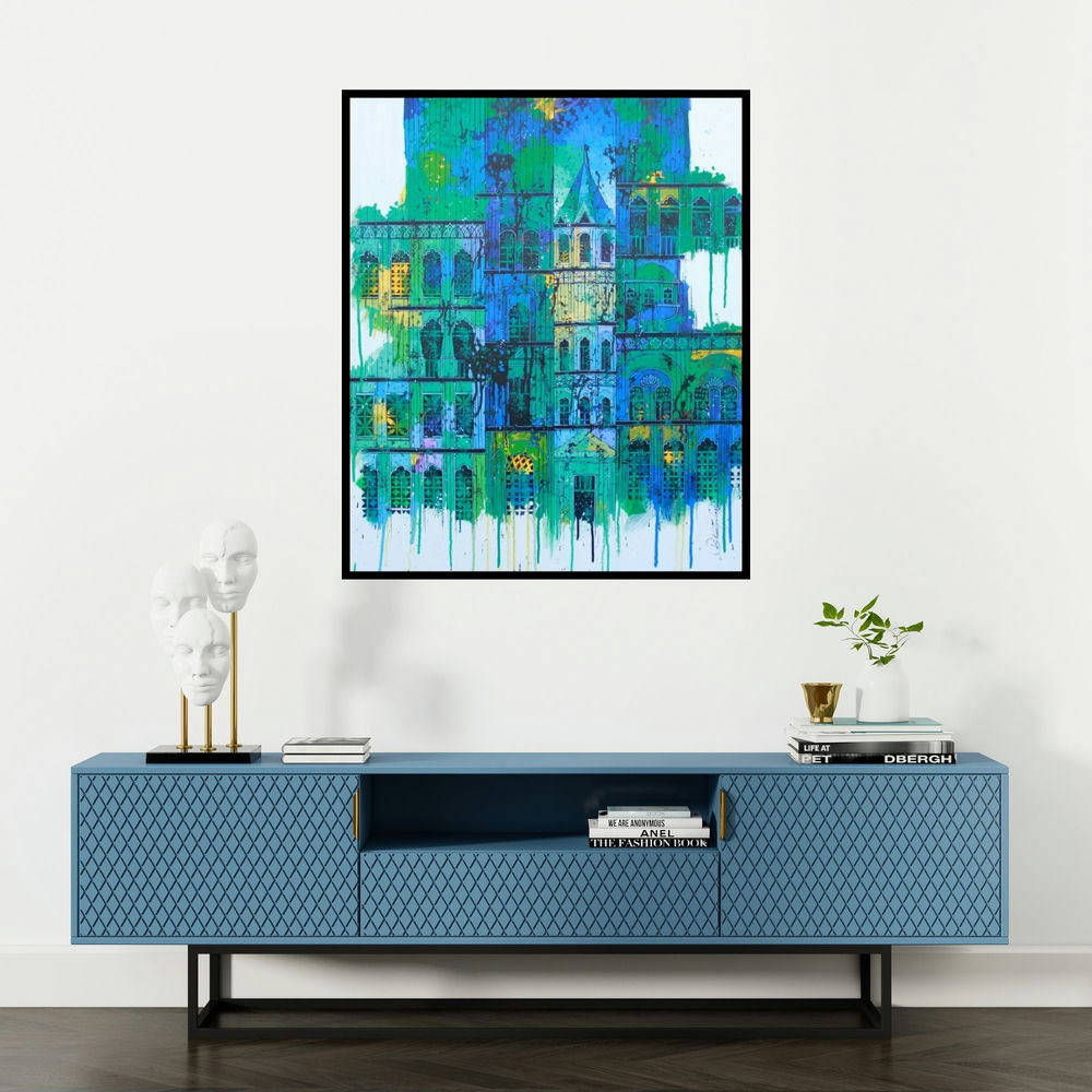 Suresh Gulage's 'Green Blue City With Reflection (Emerald Cityscape)' painting visualized above a sofa in a contemporary room.