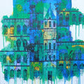 Cityscape acrylic painting titled 'Green Blue City with Reflection', 36x30 inches, by artist Suresh Gulage on Canvas