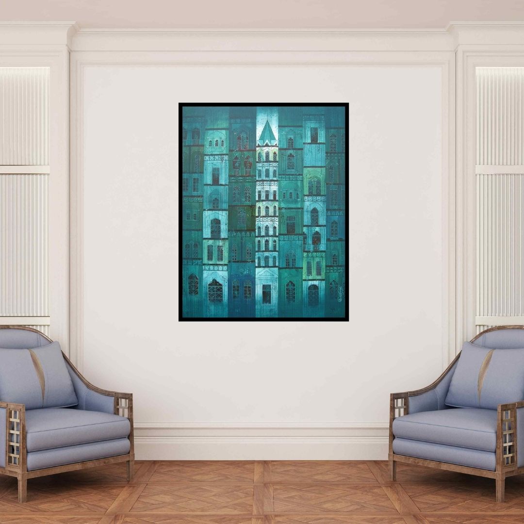 In-situ view of Suresh Gulage's 'Green City (Emerald Cityscape)' painting in a room