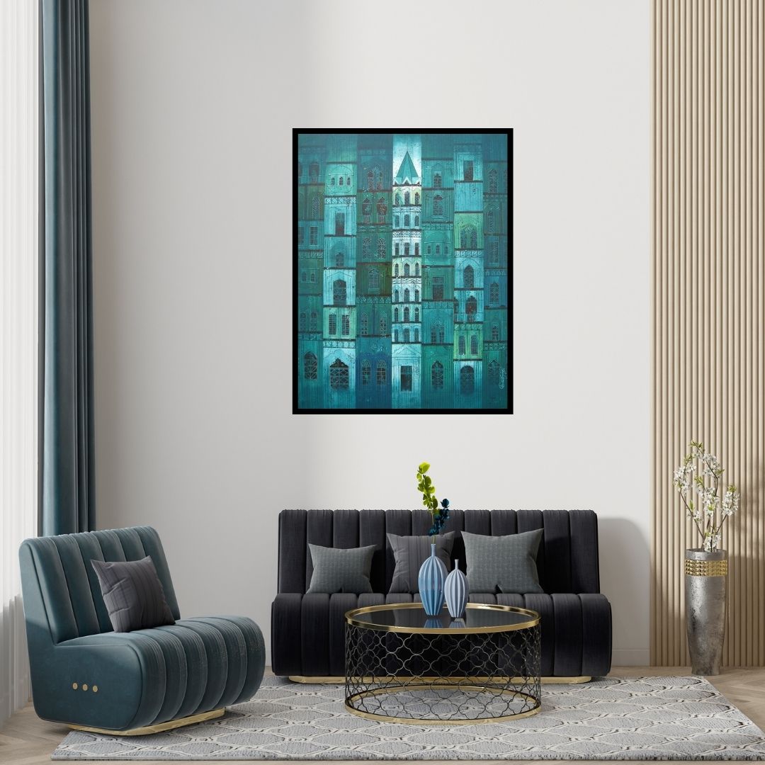 Preview of 'Green City (Emerald Cityscape)' Painting by Suresh Gulage shown on a wall in a furnished room.