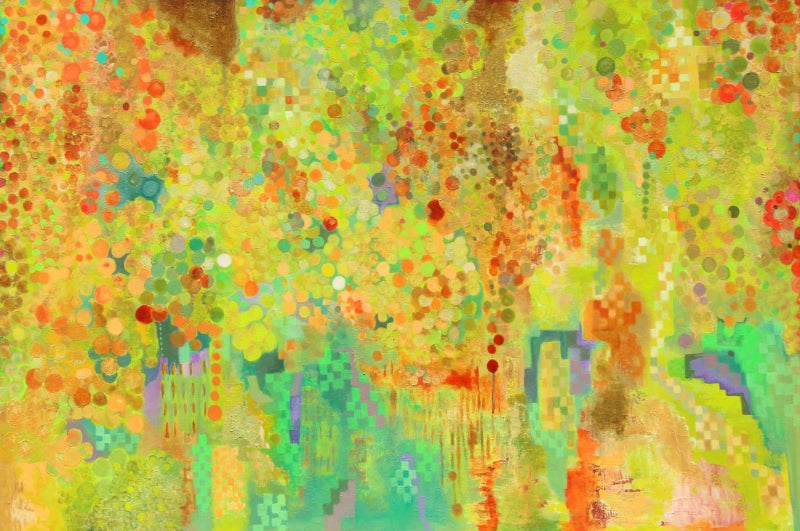 Green Earth Stories' abstract acrylic painting by artist Sunayana Malhotra, 48x72 inch, on canvas