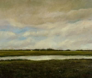 Landscape oil painting titled 'Green Field', 23x19 inches, by artist Biju Thomas on Canvas