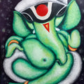Green Ganesha' religious acrylic painting by artist Tuhin Rakshit, 17x12 inch, on paper
