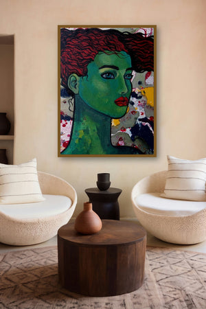 Green Girl (Verdant Vision) by artist Suruchi Jamkar displayed in a Minimalist gallery