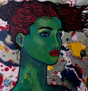 Green Girl (Verdant Vision) by Suruchi Jamkar, Original Oil Figurative Painting on Canvas, X-Small Square Wall Art