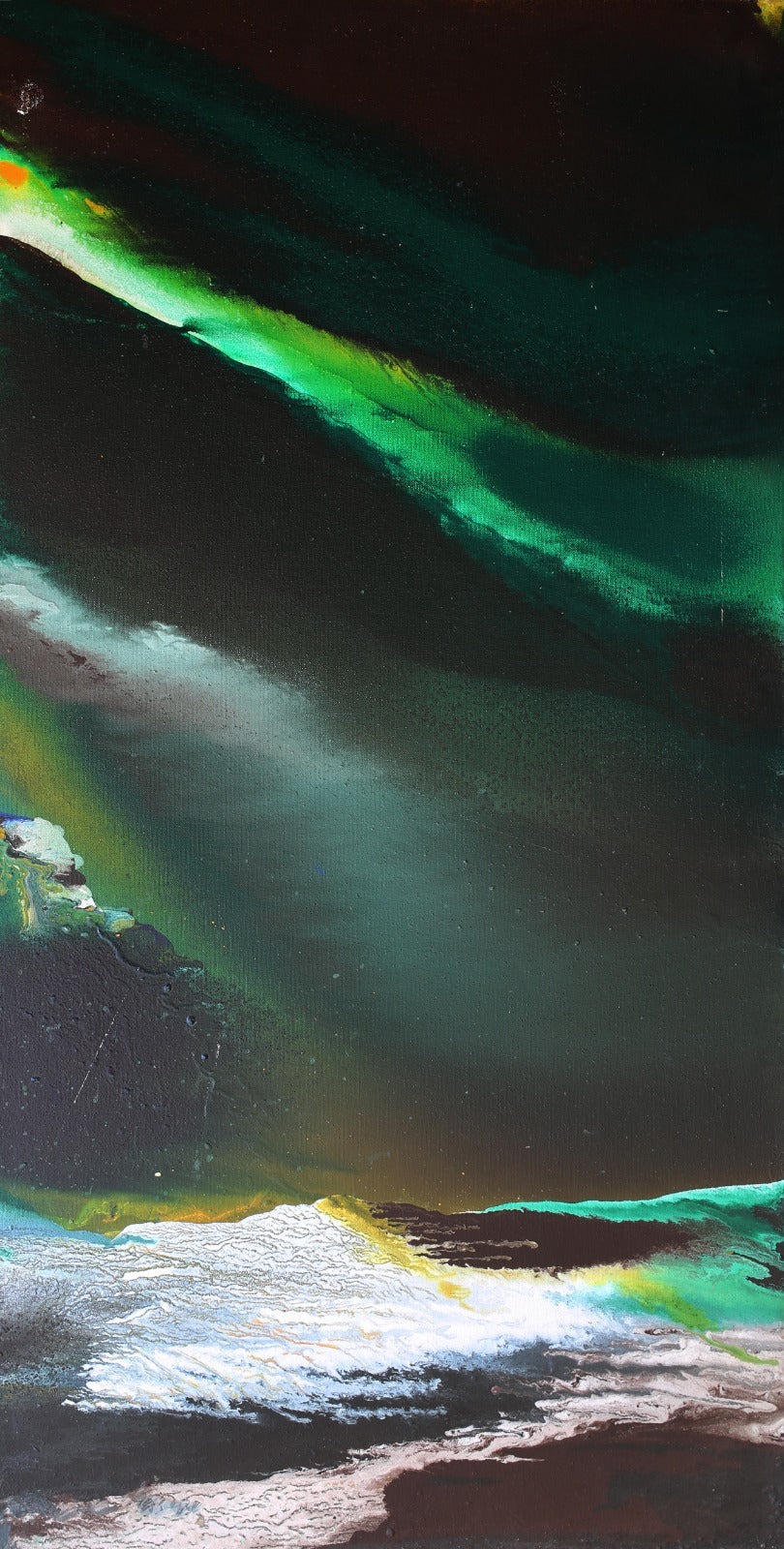 Green Lighting' contemporary acrylic painting by artist Vinoda Revansiddaiah, 48x24 inch, on canvas