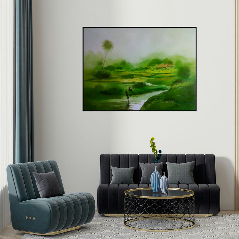 Narayan Shelke's 'Green Nature I (Emerald Embrace: A Landscape in Green)' painting visualized above a sofa in a contemporary room.