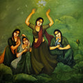 'Green Paradise 2' figurative acrylic painting by artist Monalisa Sarkar, 48x48 inch, on canvas