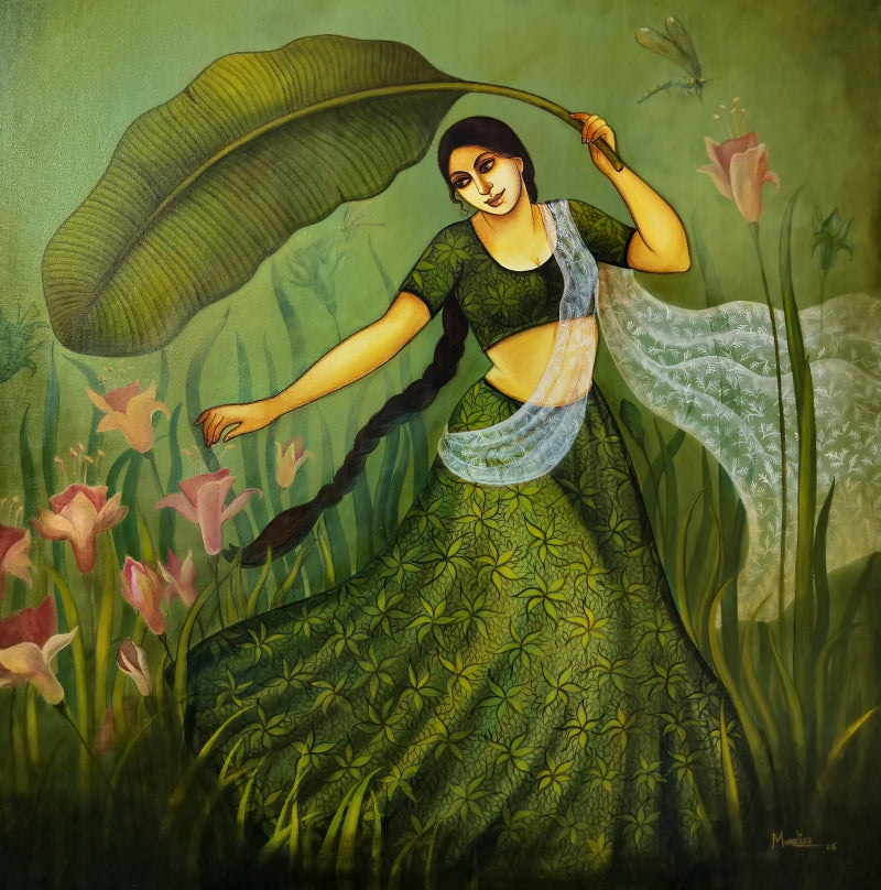Green Paradise 3' figurative acrylic painting by artist Monalisa Sarkar, 36x36 inch, on canvas