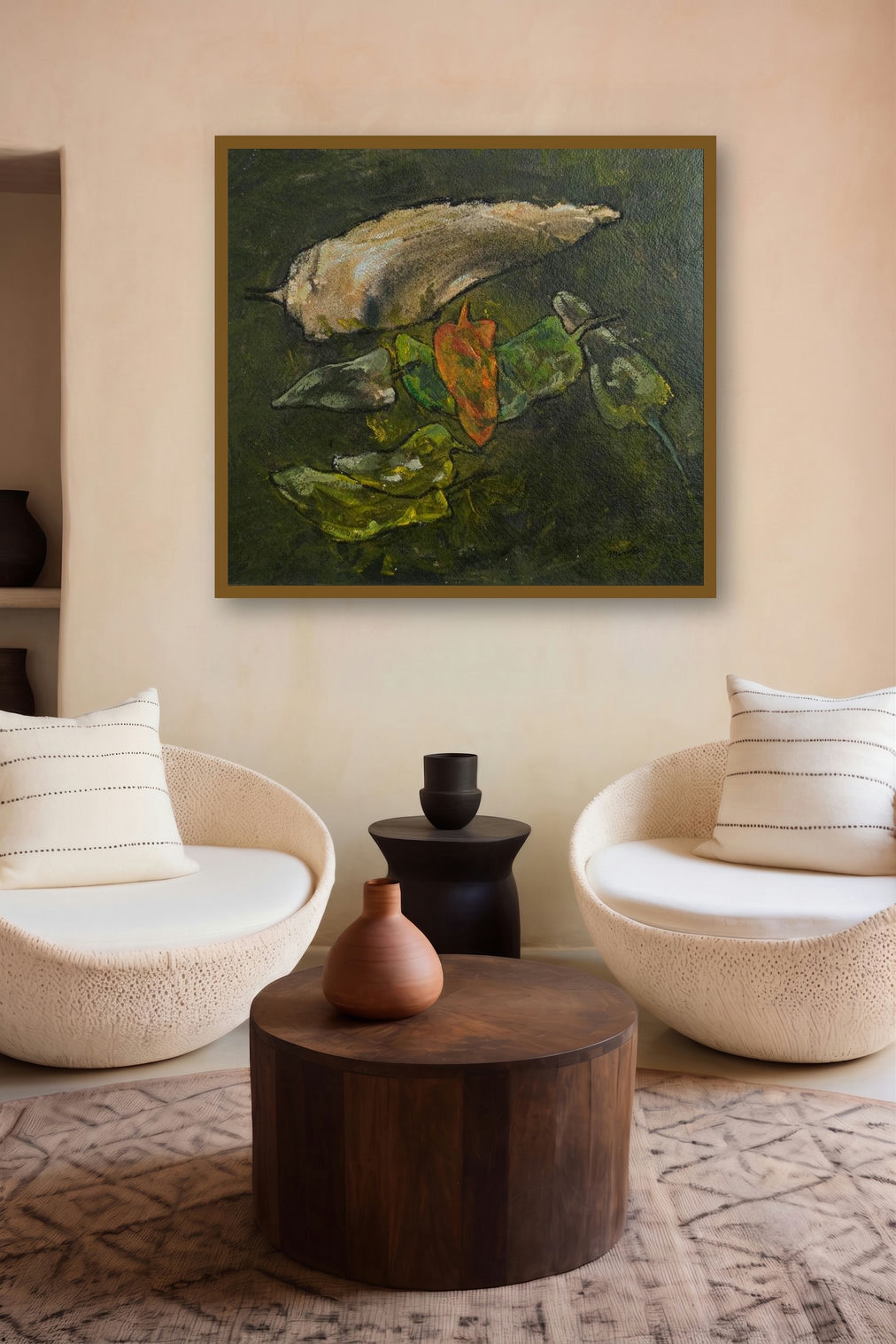 Green With White Chillies (Spicy Hues) by artist Mahendra Parmar displayed in a Designer gallery