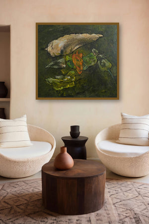 Green With White Chillies (Spicy Hues) by artist Mahendra Parmar displayed in a Designer gallery