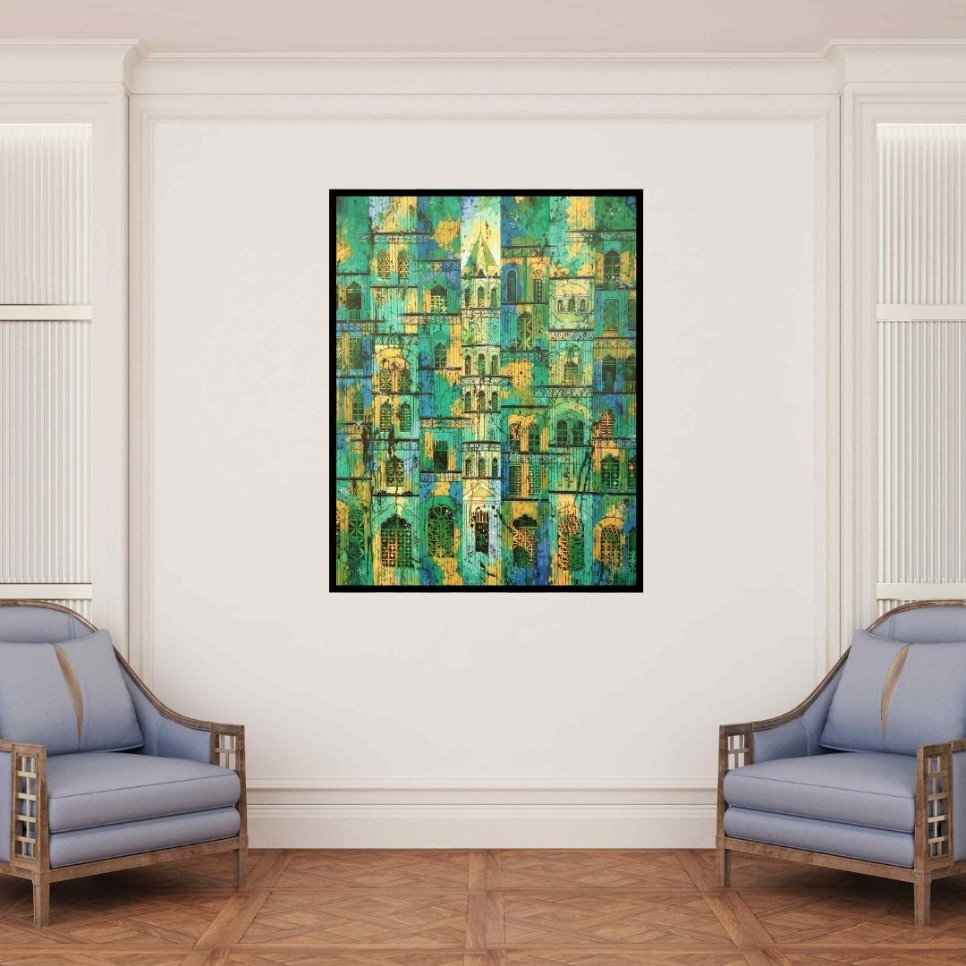 In-situ view of Suresh Gulage's 'Green Yellow City' painting in a room