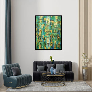 Preview of 'Green Yellow City' Painting by Suresh Gulage shown on a wall in a furnished room.