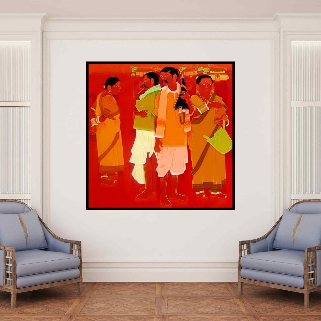 In-situ view of Tailor Srinivas's 'Greet (Village Folk)' painting in a room