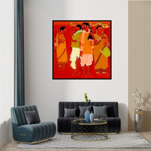 Preview of 'Greet (Village Folk)' Painting by Tailor Srinivas shown on a wall in a furnished room.