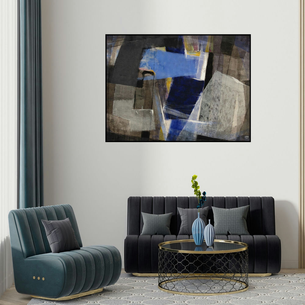 Shirish Deshpande's 'Grey Matter 3 (Urban Tapestry)' painting visualized above a sofa in a contemporary room.