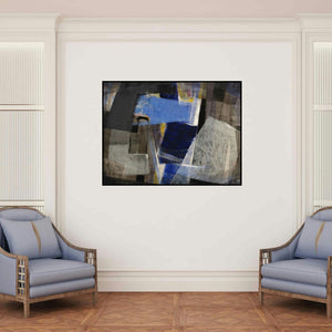 'Grey Matter 3 (Urban Tapestry)' painting by Shirish Deshpande shown on a wall in a furnished room.