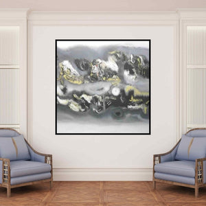 In-situ view of Deepak Guddadakeri's 'Grey Yellow Horizontal Abstract (Golden Horizon)' painting in a room