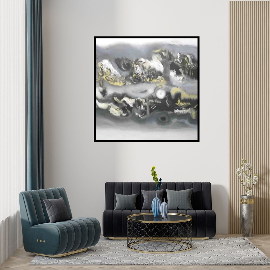 Preview of 'Grey Yellow Horizontal Abstract (Golden Horizon)' Painting by Deepak Guddadakeri shown on a wall in a furnished room.
