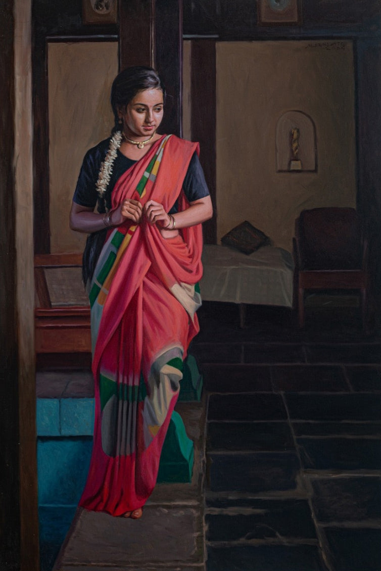 Grishma' figurative oil painting by artist Mahesh Soundatte, 42x28 inch, on linen