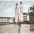 Cityscape watercolor painting titled 'Grosmunster Church Zurich Switzerland', 7x11 inches, by artist Arunava Ray on Paper