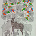 Animals gond traditional art titled 'Group Of Animals 5', 32x27 inches, by artist Choti Gond Artist on Canvas