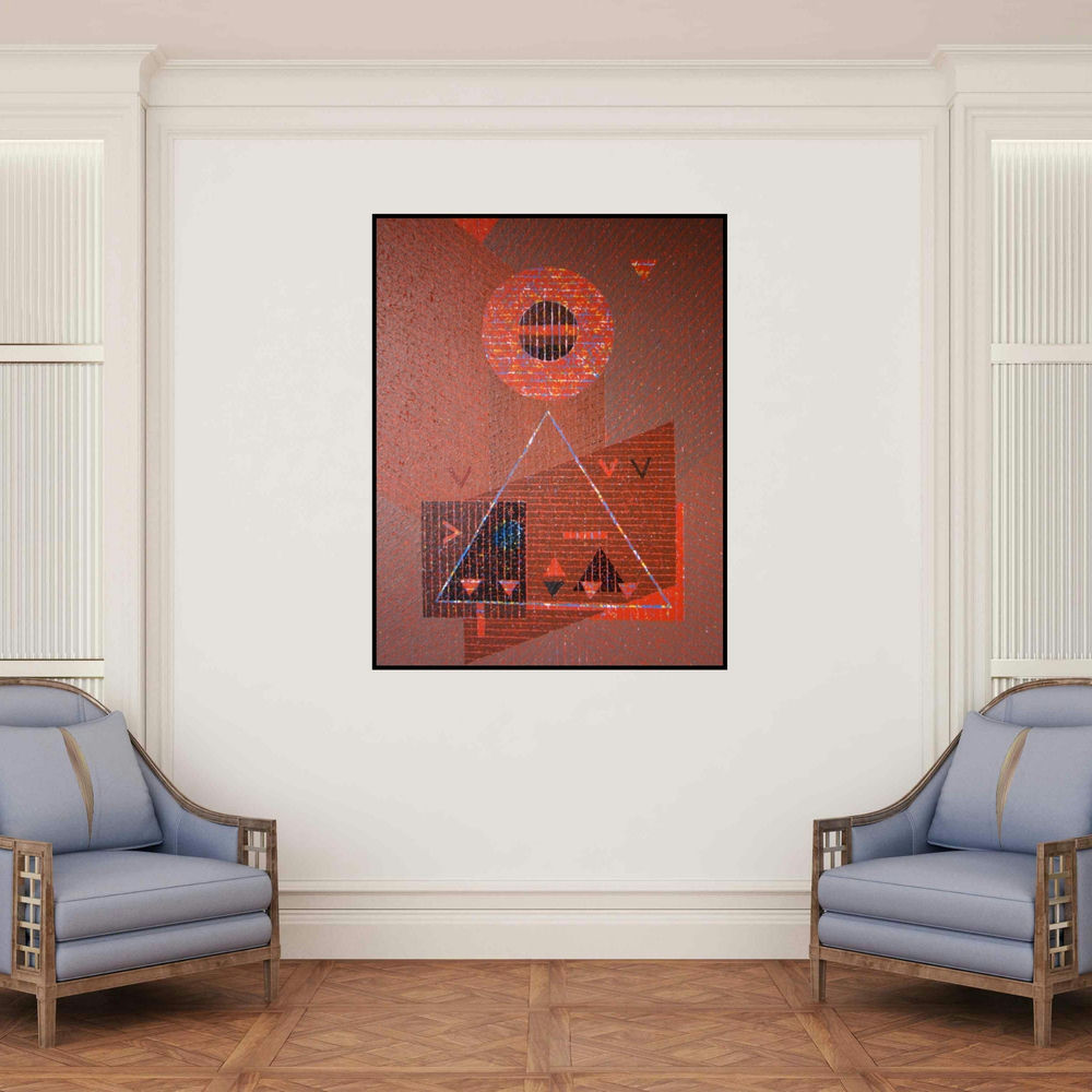 'Growth 1 (Crimson Confluence: A Geometric Dance of Forms)' painting by Amol Satre shown on a wall in a furnished room.