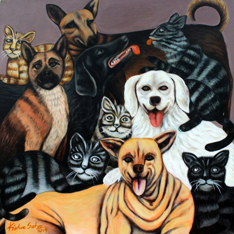 Guardian Spirits' animals acrylic painting by artist Kishore Sahoo, 35x35 inch, on canvas