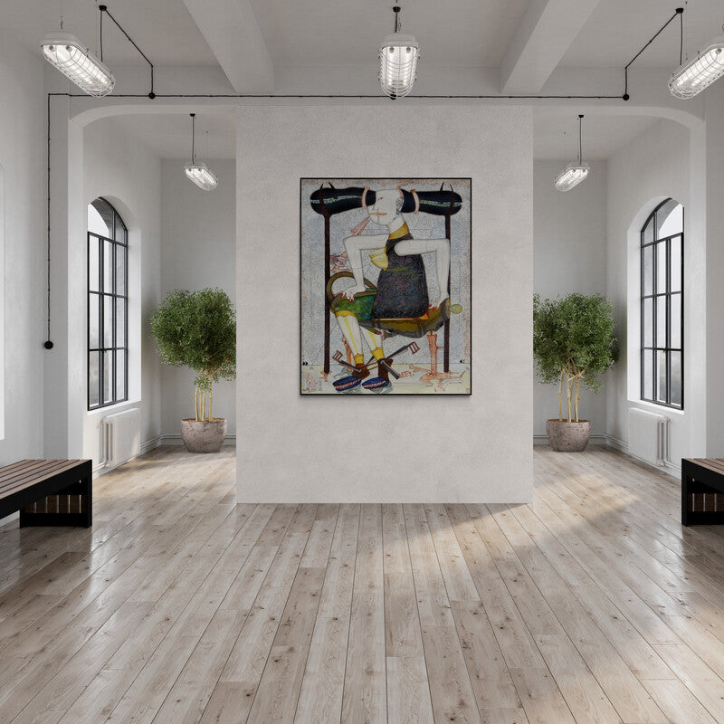 Hrusikesh Biswal's painting 'Guddi Darling (Seated Figure)' displayed in a modern living room setting