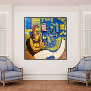 In-situ view of Amit Rajvanshi's 'Gujarati Lovers (A Shared Moment)' painting in a room