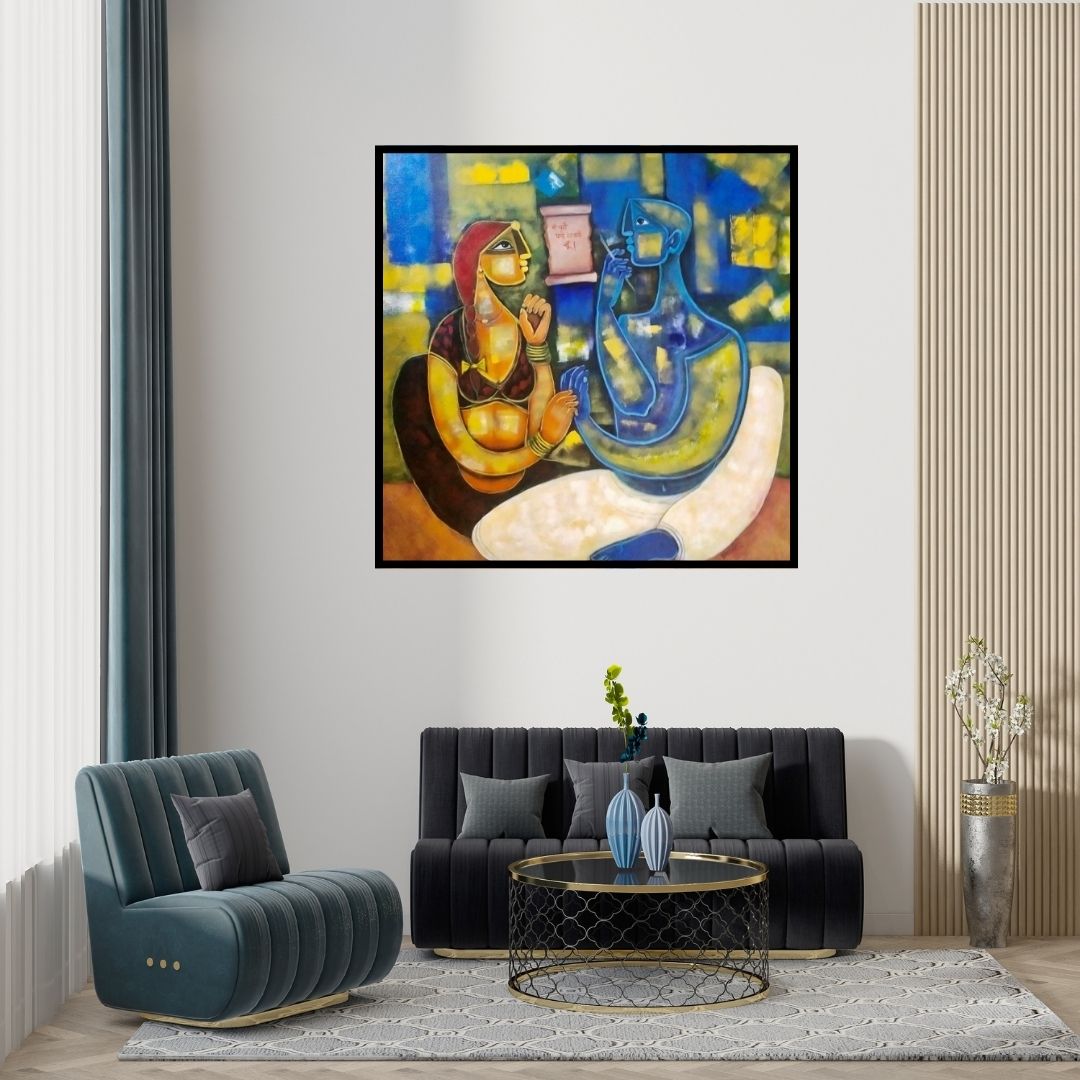 Preview of 'Gujarati Lovers (A Shared Moment)' Painting by Amit Rajvanshi shown on a wall in a furnished room.