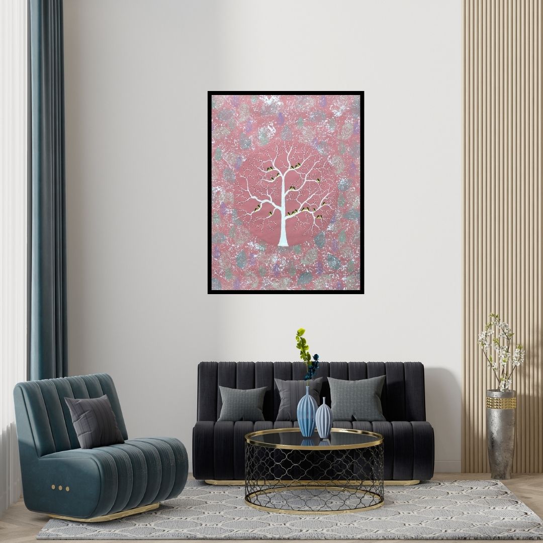 Preview of 'Gulvan Vriksh (Whispering Trees)' Painting by Sumit Mehndiratta shown on a wall in a furnished room.