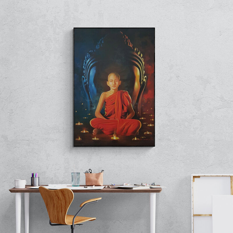 Kamal Rao's painting 'Guru (Path to Enlightenment)' displayed in a modern living room setting