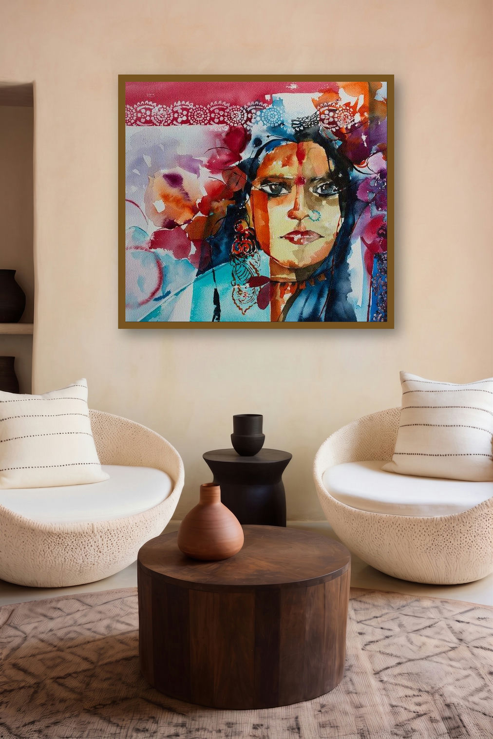 Gypsy (Blossoming Grace: A Portrait in Watercolor) by artist Veronique Piaser-Moyen displayed in a Minimalist gallery