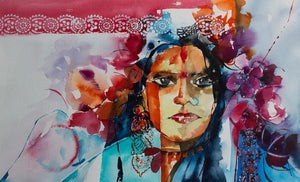 Gypsy (Blossoming Grace: A Portrait in Watercolor) by Veronique Piaser-Moyen, Original Watercolor Portrait Painting on Paper, Small Horizontal Wall Art