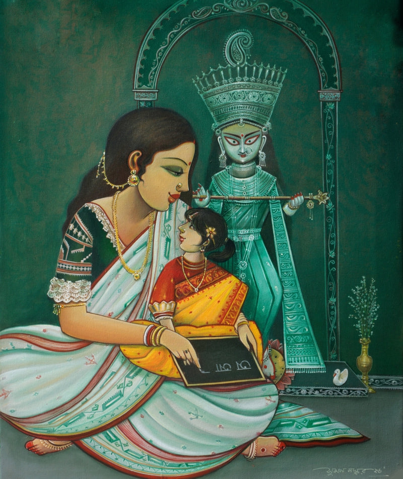 'Haate Khori' figurative acrylic painting by artist Sumon Naskar, 30x24 inch, on canvas