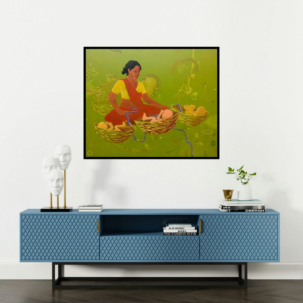 Kamlesh Patidar's 'Half Mother' painting visualized above a sofa in a contemporary room.