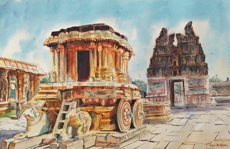'Hampi Golden Glow' religious watercolor painting by artist Lasya Upadhyaya, 15x22 inch, on paper