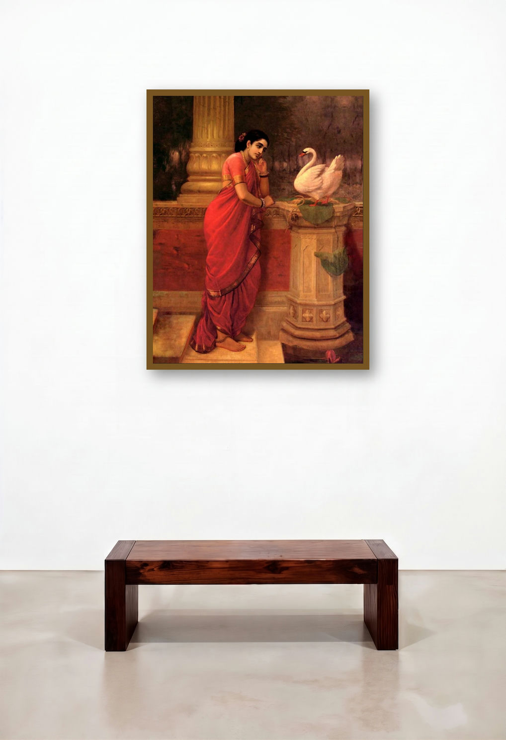 Hamsadamayanthi (A Womans Devotion) by artist Raja Ravi Varma displayed in a Japandi Study