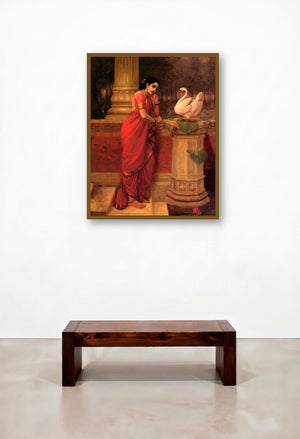 Hamsadamayanthi (A Womans Devotion) by artist Raja Ravi Varma displayed in a Japandi Study
