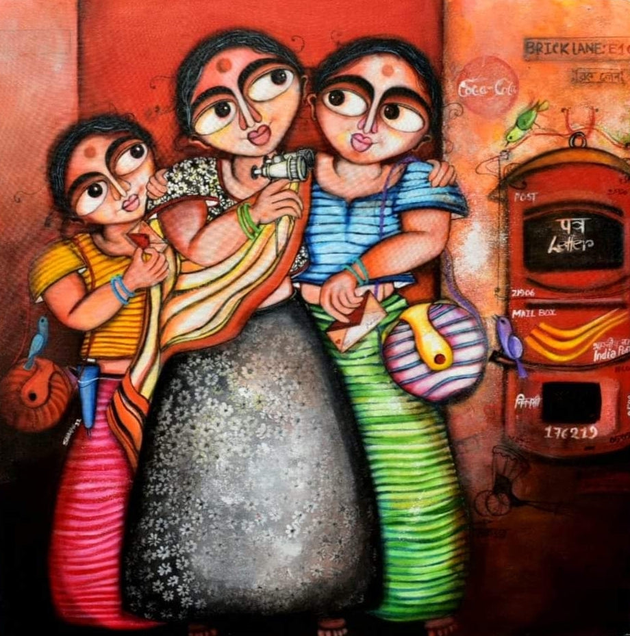 Handwritten Words' figurative acrylic painting by artist Sharmi Dey, 30x30 inch, on canvas