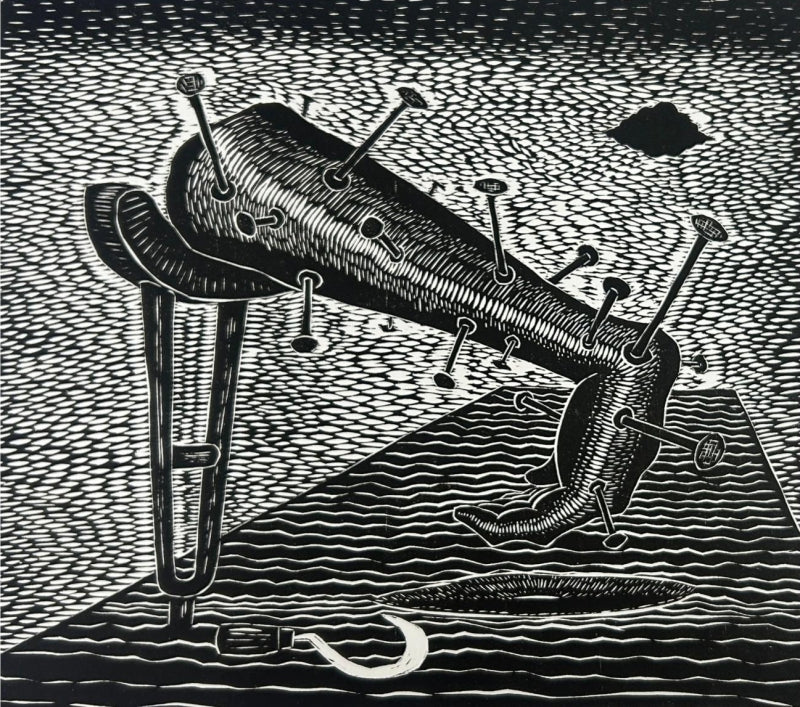 Handy Caped' contemporary wood cut printmaking by artist Prashant Kuwar, 20x22 inch, on paper