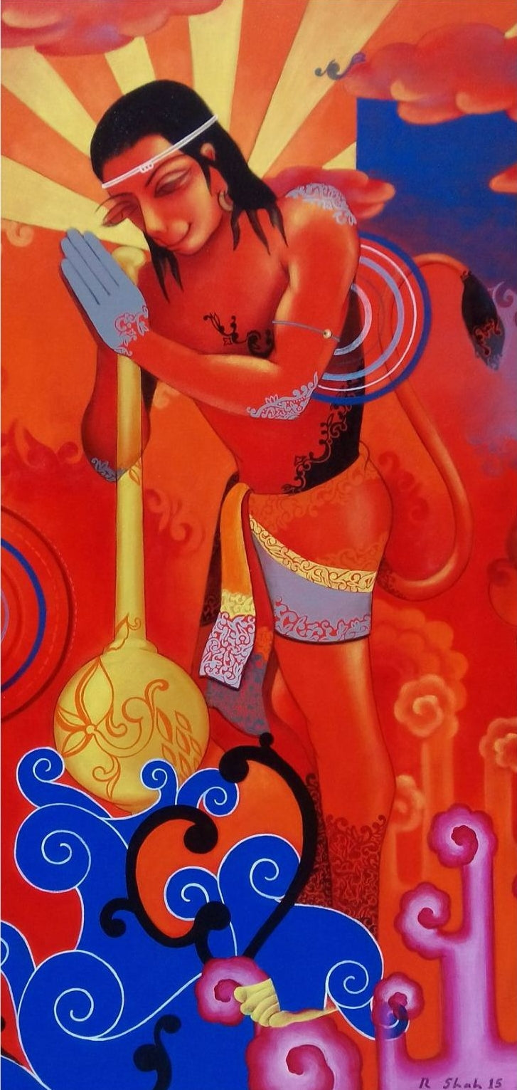 Hanuman' religious acrylic painting by artist Rajesh Shah, 48x24 inch, on canvas