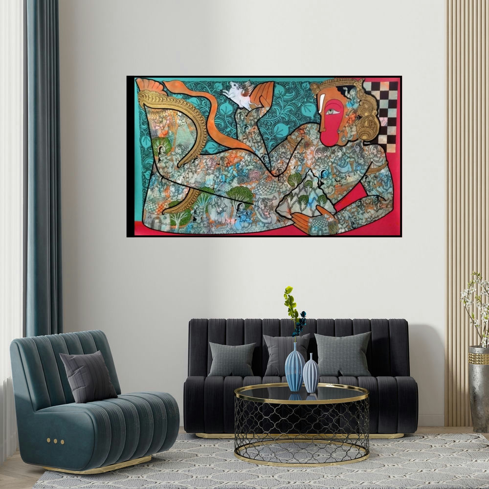 Ramesh Gorjala's 'Hanuman 2 (Hanuman, the Divine Monkey)' painting visualized above a sofa in a contemporary room.