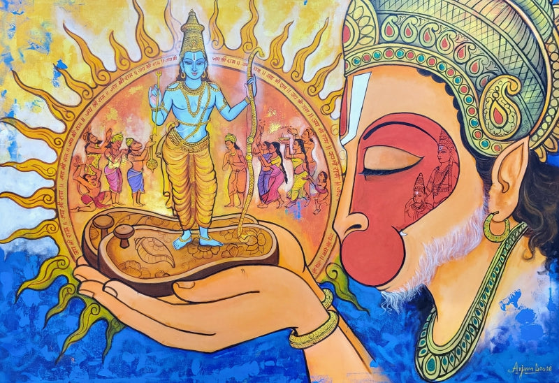 Hanuman Ki Drishti' religious acrylic painting by artist Arjun Das, 42x60 inch, on canvas
