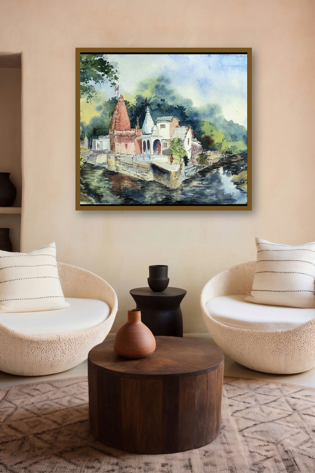 Hanuman Temple (Sacred Confluence) by artist Ghanshyam Dongarwar displayed in a Luxury gallery