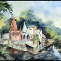 Landscape watercolor painting titled 'Hanuman Temple', 14x20 inches, by artist Ghanshyam Dongarwar on cold pressed
