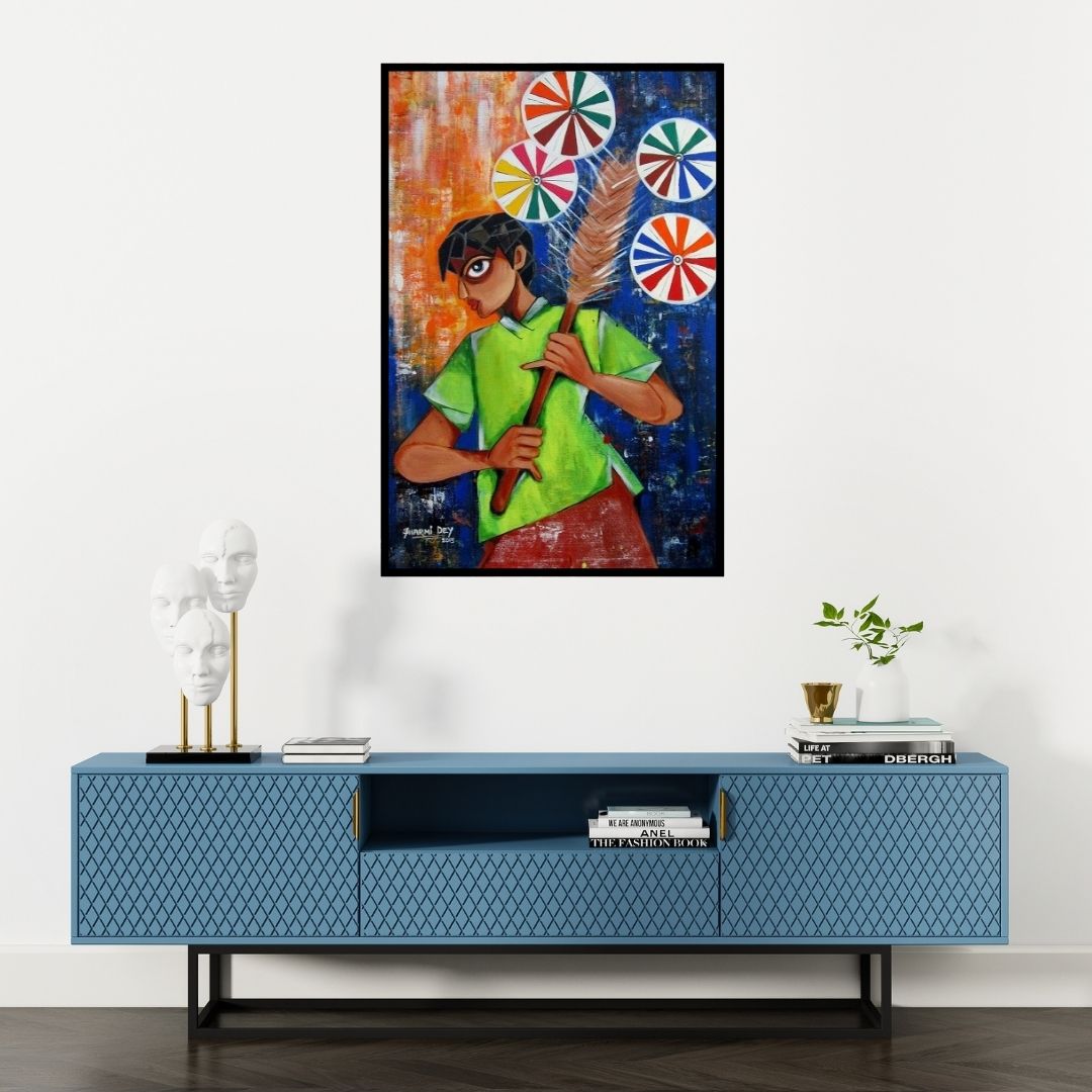 Preview of 'Happiness Seller' Painting by Sharmi Dey shown on a wall in a furnished room.