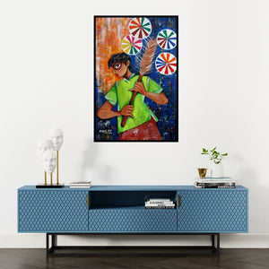 Preview of 'Happiness Seller' Painting by Sharmi Dey shown on a wall in a furnished room.